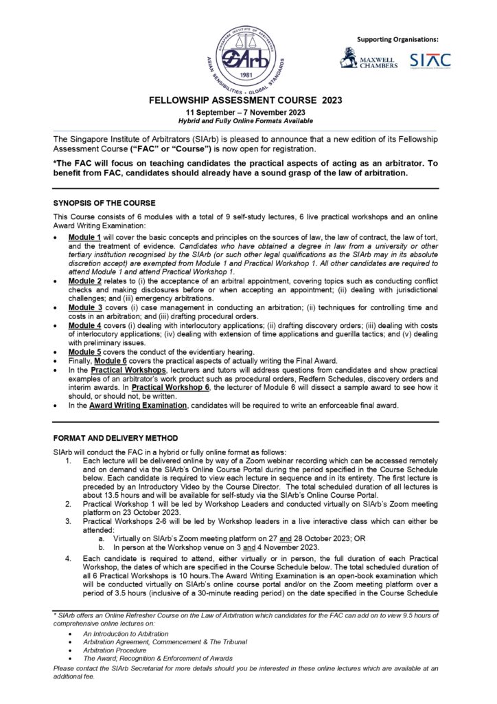 SIArb Fellowship Assessment Course 2023 Brochure Page 1